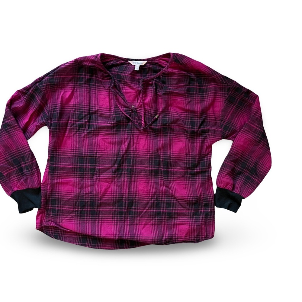 Juicy Couture Womens Magenta Black Plaid Split Neck Tie Blouse Top Large Y2K